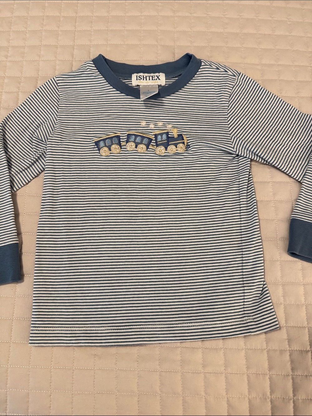Ishtex size 2T blue striped long sleeve tee with train appliqué